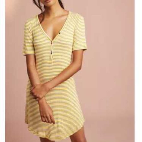 Pure + Good By Anthropologie Stiped Yellow Henley Dress Size Medium - Picture 1 of 9